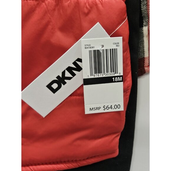 DKNY‎  Size 18M Set Of 3, Red Vest/ Black Pants/ Red Plaid Button Up Long Sleeve - Picture 3 of 15